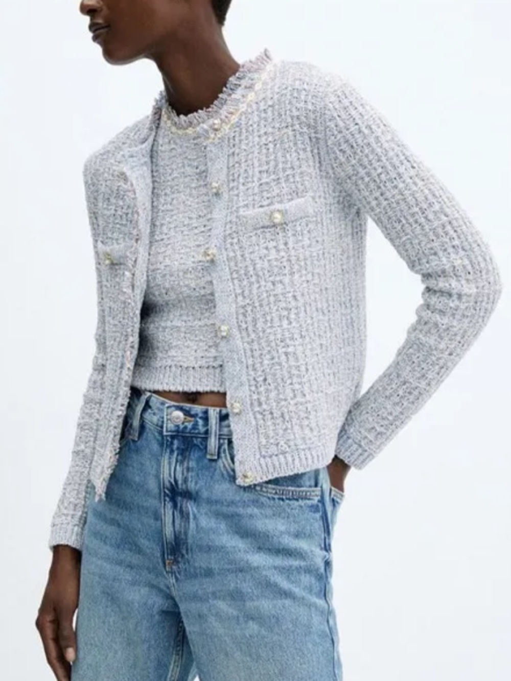 MANGO Coquita Light Blue Tweed Pearl-Button Cardigan Set - Tank and Sweater